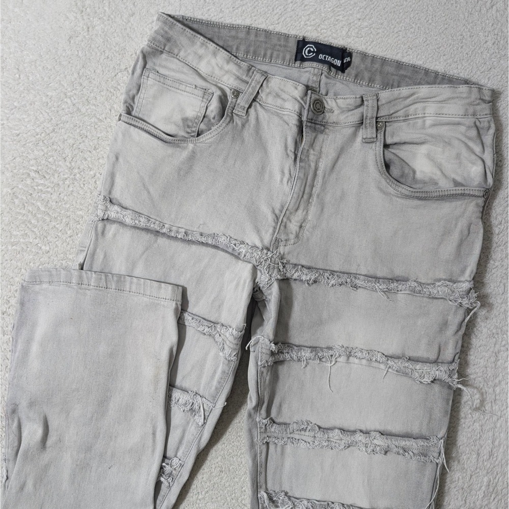 Octagon Jeans Mens 36/36 Gray Frayed Panel Distressed Streetwear Stretch